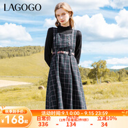 lagogo英倫風(fēng)復(fù)古格子連衣裙女拉谷谷秋冬新款疊穿收腰顯瘦背帶裙 混色(Y0) M 160/38