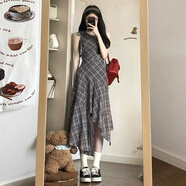 UKMR夏季2025年新款無袖連衣裙女小個子氣質法式不規(guī)則格子背心長裙 格子連衣裙 M 95-105斤