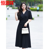 恒源祥高質(zhì)量大碼掐腰連衣裙夏季女2025年新款寬松顯瘦微胖遮肉休閑裙子 黑色 3XL 3X建議140-160斤