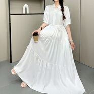 棉綢連衣裙大碼女裝胖m200斤寬松遮肚超大擺系帶收腰純色人造棉裙 Q白色 XL 120-140斤