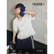 闊色（kuose）網(wǎng)紗花邊拼接白色上衣2025春夏季新款圓領(lǐng)正肩短袖寬松T恤秋 白色 S
