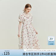 范思藍(lán)恩夏季法式浪漫木耳邊碎花連衣裙U型領(lǐng)泡泡袖高腰裙子新款收腰長裙 白底紅花 XS