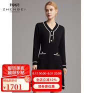 珍貝純羊絨連衣裙秋冬新款女裝V領(lǐng)長袖短裙子時尚拼色TM8143 黑色 S 95