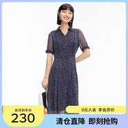 敦奴（DUNNU）dunnu敦奴夏季新款短袖翻領(lǐng)中長(zhǎng)款收腰印花雪紡連衣裙 藏藍(lán) S