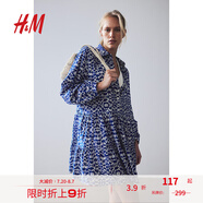 H&M女裝花卉連衣裙夏季有領(lǐng)寬松長(zhǎng)袖微喇印花襯衫式短裙1221726 亮藍(lán)色/圖案 165/96
