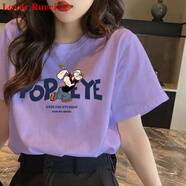 LOVER RUCCI韓版新款純棉正肩短袖t恤女薄款夏季潮寬松圓領(lǐng)半袖女士體恤上衣 紫色(大力水手) M 建議 96-108斤