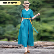 夏典素訂女王（SE.PSTP）素訂棉麻女裝連衣裙女2023新款民族風(fēng)春夏文藝復(fù)古氣質(zhì)修身顯瘦 藍(lán)色 M 【建議90-115斤】