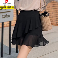 皮爾卡丹（pierre cardin）夏季黑色新款魚(yú)尾短裙半身裙荷葉裙子高腰大碼跳舞新款百褶裙褲女 雪紡短裙-自帶安全褲 M 適合85-105斤