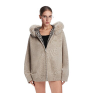 FDR旗艦店 連帽豹紋毛領(lǐng)開(kāi)衫毛衣男秋冬情侶裝保暖長(cháng)袖拉鏈外套女 卡其色 [可拆卸毛領(lǐng)] S