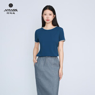 阿瑪施（AMASS）女裝夏裝百搭氣質(zhì)上衣休閑領(lǐng)口立體花邊設計圓領(lǐng)T恤衫短袖530054 孔雀藍 2XL （6碼）