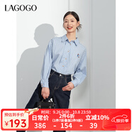 lagogo純棉藍(lán)白條紋刺繡長袖襯衫女拉谷谷春秋新款清新百搭上衣 藍(lán)白(NV) S