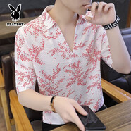 花花公子夏季冰絲v領(lǐng)t恤男新款休閑短袖Polo衫男裝打底襯衫中袖寬松上衣服 089紅色 XL 120-135斤