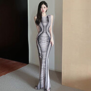 裳廂記心機歐美復古性感露背蛇紋印花連衣裙氣質(zhì)收腰顯瘦開(kāi)叉顯身材長(cháng)裙 L