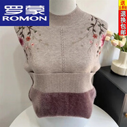 羅蒙（ROMON）重磅媽媽款冬裝新款羊毛衫繡花中老年女秋冬半高領(lǐng)加絨加厚毛衣女 卡其色 M 90-105斤