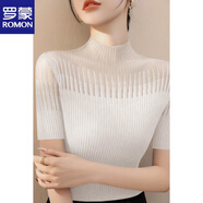 羅蒙（ROMON）秋冬2025新款半高領(lǐng)蕾絲網(wǎng)紗打底衫毛衣女法式感灰色針織上衣 白色【短袖】 S 【建議80-100斤】