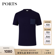 PORTS寶姿男裝早秋抗皺皮馬棉雙P LOGO印花貼袋短袖T恤衫 藏青色 S