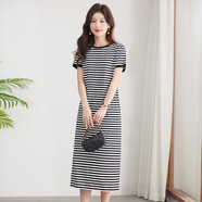 NicoleJolie條紋真口袋連帽連衣裙女2025季新款韓版寬松顯瘦休閑氣質(zhì)長(zhǎng)裙子 黑白色 M