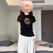 FHHUABD黑色正肩短袖t恤女裝2025新款夏季美式復古修身顯瘦半袖體 黑色-兔子大巴【修身/洋氣/女裝/別致/法式/半袖 均碼 S 推薦(85-95斤）