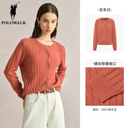 POLOWALK【100%綿羊毛】女士羊毛衫圓領(lǐng)純色針織開(kāi)衫外套 淺朱紅 M (160)