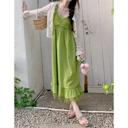 波西米亞風(fēng)綠色流蘇吊帶連衣裙2025夏設(shè)計(jì)感小眾無(wú)袖裙子 長(zhǎng)裙+開衫[套裝] XL XL推薦115-125斤