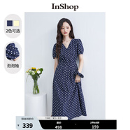InShop【商場(chǎng)同款】新款立體泡泡袖氣質(zhì)連衣裙女復(fù)古撞色波點(diǎn)長(zhǎng)裙 藏藍(lán)花 M