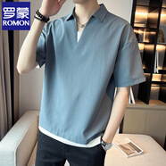 羅蒙（ROMON）短袖T恤男V領(lǐng)夏季新款2025痞帥高級感潮牌潮流冰絲薄款POLO半截 18湖藍色 3XL