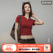 馬登女裝 修身短袖t恤女美式亨利正肩短衫純色內(nèi)搭打底衫辣妹衣服 酒紅色 馬登工裝 M 修身版型可拍大一碼
