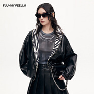仿佛【金晨同款】FF仿佛外套女2025秋新款貓紋雙面可穿連帽皮衣夾克 黑色 S