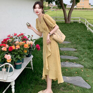 皮爾卡丹（pierre cardin）黃色碎花連衣裙夏季女2025新款氣質(zhì)寬松遮肚顯瘦一片式中長款裙子 黃色連衣裙 M （105-115斤）