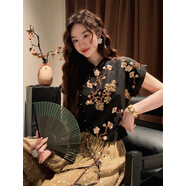 三吉黑花【花臥酒】新中式國風(fēng)女裝2025新款短袖襯衫氣質(zhì)女士上衣 玄黑 L