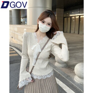 DGOVv領(lǐng)蕾絲蝴蝶結喇叭袖針織衫女春秋氣質(zhì)內搭打底毛衣感修身上衣 杏色【zt】 L 【96-110斤】