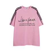 BLUREMO模糊情緒春夏新款珍珠蝴蝶結潮流短袖T寬松百搭上衣 粉紫色 粉色 M