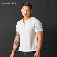 TOMATOPAPA亨利領(lǐng)針織短袖純色百搭休閑柔軟舒適T恤彈力運(yùn)動(dòng)健身 白色 M