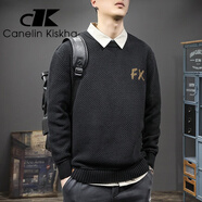 Canelin Kiskha秋冬新款潮牌日系復古寬松針織毛衣男圓領休閑潮流秋冬大碼毛線衣 黑色 S