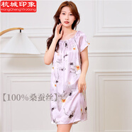 杭城印象新品100%桑蠶絲睡裙女士夏季真絲睡衣女短袖大碼薄款絲綢家居服女 水墨玉蘭花 均碼 （90-168斤）