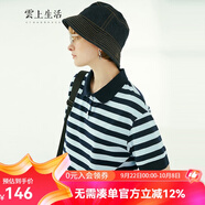 雲上生活寬松條紋春季新款棉質(zhì)休閑翻領(lǐng)T恤女5617X 黑藍色條紋 M
