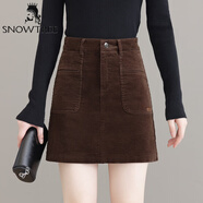 SNOWTREE燈芯絨半身裙女2025新款秋冬高腰a字休閑工裝裙條絨一步包臀短裙 咖色 S _26