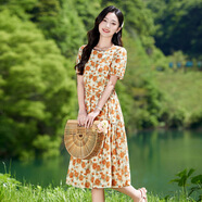 王小鴨碎花短袖連衣裙女2025夏季新款小個(gè)子收腰顯瘦甜美a字裙 桔色 M