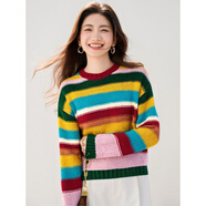 吻璦（wenai）毛衣女2025年秋冬裝新款慵懶寬松彩虹撞色毛衣女冬韓版百搭長(cháng)袖 彩色 S