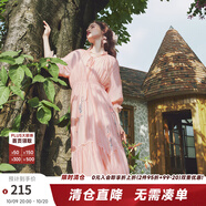 兩三事梵高文藝迷霧芳影2025春季新款法式蕾絲拼接燈籠袖繡花連衣裙 橘粉 L