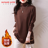 SAVAGE LOVE2025秋冬打底衫女裝內搭高領(lǐng)t恤加絨大碼中長(cháng)款寬松遮肚子上衣 咖啡色 加絨加厚 L 100-115斤