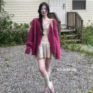 小紅書(shū)韓系純欲風(fēng)長(cháng)袖軟糯針織毛衣內搭蕾絲拼接吊帶背心連衣裙女兩件套 火龍果色開(kāi)衫 L