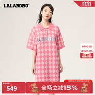 拉拉波波【設計師潮牌】春新款學院風格子翻領毛織連衣裙LBCB-WLZY14 粉色 L
