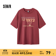 Semir[商場同款]史努比系列短袖T恤女中長款印花2024新款純棉秋裝 酒紅60957 S