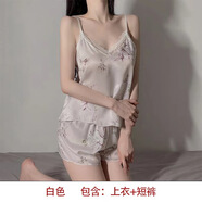 茵戀美睡衣女夏季ins風(fēng)冰絲吊帶短褲兩件套夏季薄款少女宿舍學(xué)生家居服 套裝 【吊帶短褲】白 均碼