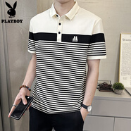 花花公子（PLAYBOY）條紋POLO衫男短袖t恤翻領(lǐng)男裝夏季潮流半袖上衣2025新款帶領(lǐng)體恤 99411米色 M (約85~105斤可穿)