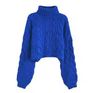 vnxifm歐美高領(lǐng)套頭短款麻花毛衣女秋冬新款慵懶風(fēng)寬松加厚針織毛衣 藍色 均碼