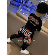 日系兒童休閑寬松哈倫男女童卡通長(cháng)褲子卡通百搭長(cháng)袖上衣兩件 黑色上衣+褲子 80 80cm建議身高80CM以下