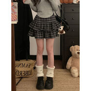 京嚴甄選大尺碼女裝今年流行的撞色格子半身裙春季新款荷葉邊裙少 黑色 M M建議80-100斤