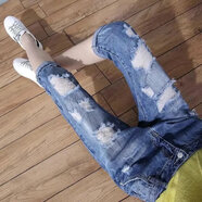 苜戈新款夏季薄款七分褲大碼寬松牛仔中褲女高腰破洞韓版乞丐顯瘦哈倫 109款破洞七分褲 L 建議111-125斤